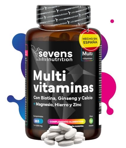 Vitaminas para el Cansancio - Multivitaminas Hombre y Mujer con Minerales y Ginseng - 365 Comprimidos - Complejo Multivitamínico Completo Con Biotina, Hierro, Magnesio y Zinc - Sevens