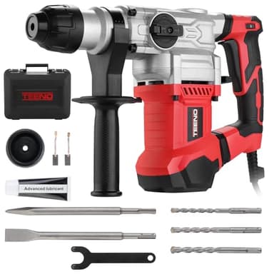TEENO Martillo Perforador, 1500W Martillo Percutor con SDS-Plus Mandril, Martillo Demoledor, 4500BPM, 7J, 1000RPM, 4 Funciones, Control de Vibración, para Concreto, Metal y Madera