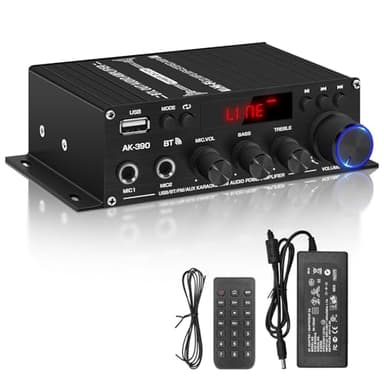 Romicta Amplificador Audio HiFi AK390, Mini Amplificador Estéreo Bluetooth 800W, Receptor de Audio 12V/220V, Amplificador de Sonido de 2 Canales con Radio FM, Entrada SD/USB, Ideal para Casa o Auto