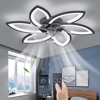 YUNZI Mute Ventilador de techo con luz con mando a distancia, LED Regulable Lámpara de techo Moderno Ventilador de techo Iluminación para Salón Dormitorio, Ajustable 6 velocidades, Negro 78CM
