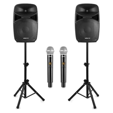 Vonyx VPS102A - Pack de Altavoces Karaoke 600W, 2 Micrófonos Inalámbricos, Bluetooth, USB, SD, LED, 2 Trípodes, Mando a Distancia, Sonido Profesional, Fácil Instalación, Ideal para Fiestas