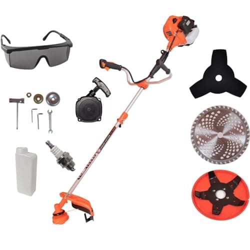 KNAKASAKI Cortacéspedes Desbrozadora Gasolina, 65cc 3,0hp, Motor 2 Tiempos, Accesorios Incluidos, Cuchilla 3 Dientes, Carrete Doble Hilo, Disco 80 Dientes, Disco 5 Puntas, Herramienta Gasolina