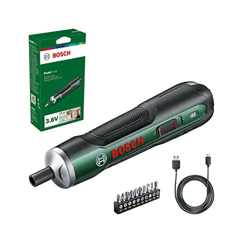 Bosch Home and Garden destornillador a batería PushDrive set de iniciación (3,6 V, 1,5 Ah, 5,0 Nm, 10 brocas, con cable carga micro USB, en caja cartón)