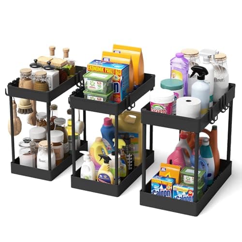 Meltrck Organizador Bajo Fregadero 3 Unidades - Estante Doble Nivel Fijo para Cocina y Baño, Sistema de Almacenamiento Listo para Usar (Incluye Soporte para Productos de Limpieza)
