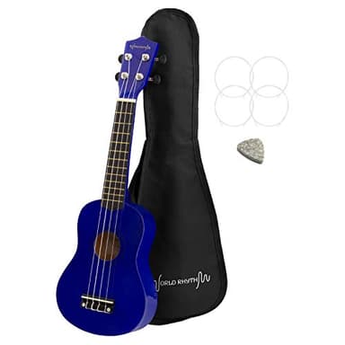 World Rhythm Ukelele soprano para principiantes, acabado en Reino Unido con bolsa de transporte, cuerdas de repuesto para ukelele y púa de fieltro, Azul, Estándar, WR - 303