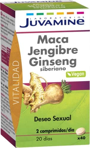 JUVAMINE - Maca, Jengibre y Ginseng Siberiano - 40 Comprimidos - Complemento Alimenticio para Apoyo al Deseo Sexual - Tonificante - Energía y Vitalidad - Vigor