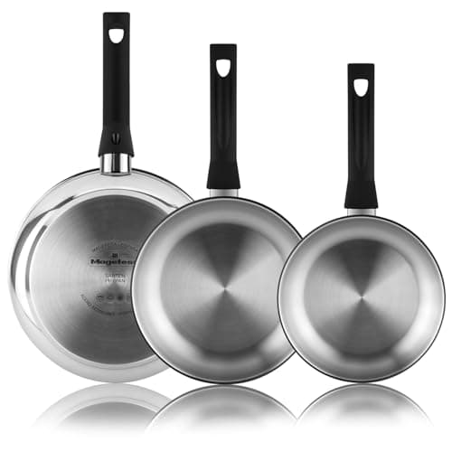MAGEFESA Essencial Inox - Set de Sartenes Plateadas 24 + 26 + 28cm, Acero Inoxidable, Sin Recubrimiento ni Antiadherente, Ecológicas, Inducción