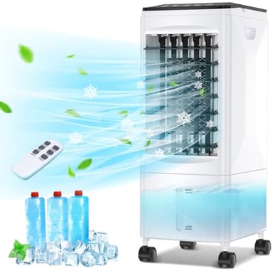 Aire Acondicionado Portátil, 3 en 1, Enfriador de Aire Evaporativo Portátil, Humidificador, Ventilador, 3 Velocidades, 5.5L, Control Remoto, 1-7H Timer, para Habitación, Hogar, Oficina, Dormitorio