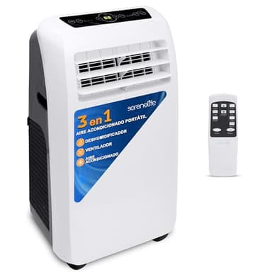 SereneLife Aire Acondicionado Portátil, 9.000 BTU, Móvil, Silencioso, Deshumidificador, Ventilador, Kit Escape Ventana, Control Remoto, Blanco, Portátil Para Casa y Oficina