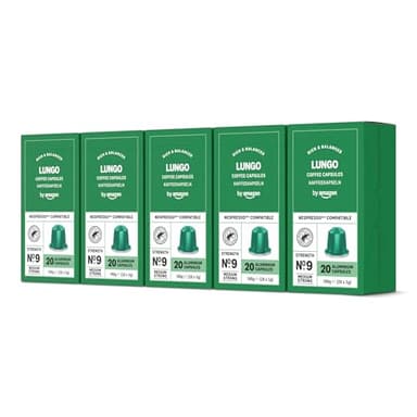 by Amazon - Cápsulas de café Lungo, tueste medio, compatibles con Nespresso, 100 unidades, 5 paquetes de 20, certificado Rainforest Alliance