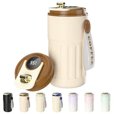 Homealexa Taza de café con pantalla digital, termos, 410 ml, acero inoxidable 316, taza de viaje aislada, a prueba de fugas, taza de viaje con tapa para café, color Café