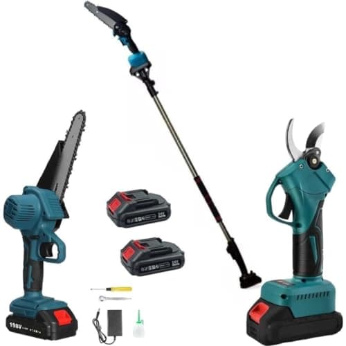 Tijeras de Podar Electricas Inalámbricas y Motosierra Electricas con Asta Telescópica de 128 a 248 cm, Kit 3 in 1 Profesional por la Podadura de Jardín, Ramas, Arbustos y Viñedo