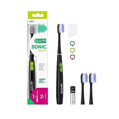 GUM SONIC DAILY Cepillo de dientes eléctrico sónico con pilas | Para una limpieza suave y profunda | 1 cepillo de dientes, 2 cabezales de cepillo de repuesto, 1 pila AAA (Negro)