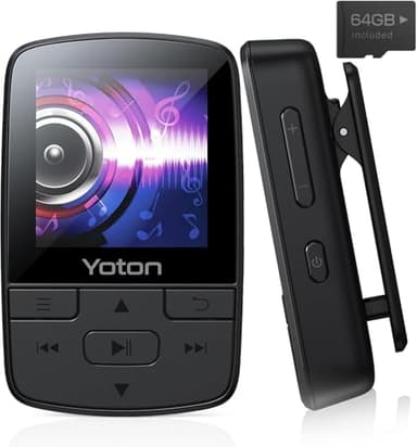 YOTON MP3 Reproductor 64GB, Reproductor MP3 Bluetooth 5.2 con Clip Deportivo, Audio de Alta Fidelidad, botón de Volumen Independiente, Radio FM, Auriculares incluidos