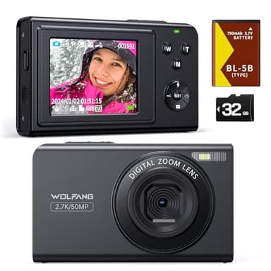 WOLFANG Cámara Digital, cámara Infantil de 2,7 K para fotografía, Cámara Portátil Compacta de Fotos de 50 MP, con Zoom de 16 X, Recargable Cámara para Niños, Principiantes, Adulto