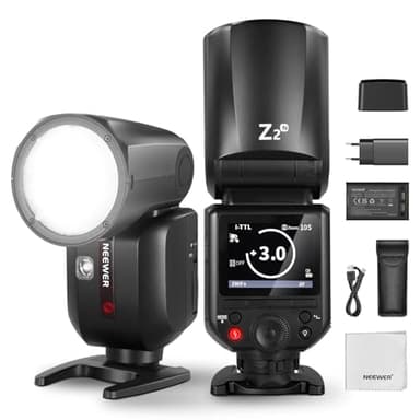 NEEWER Z2-N 2,4G Flash Speedlite TTL Round Head 76W Compatible con Nikon, interfaz de usuario mejorada, lámparas de modelado, TTL / M Quick TCM Switch, 1/8000s HSS, 2600mAh batería, paño de limpieza