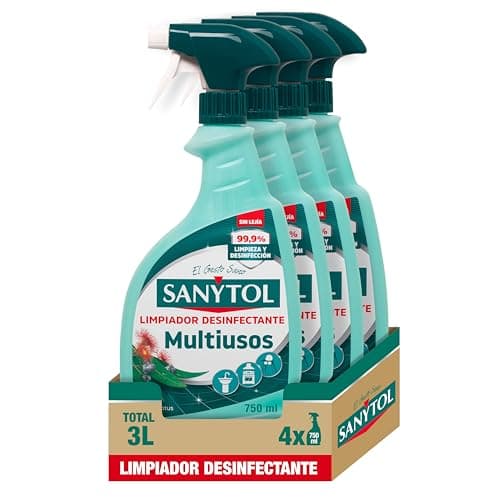Sanytol - Limpiador Desinfectante Multiusos, Elimina Bacterias, Hongos y Virus Sin Lejía, Perfume Eucaliptus - Pack de 4 x 750 Ml = 3L