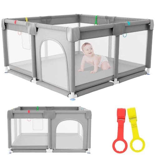 JUPPLIES Parque Infantil Bebe 120x120cm + 2 Agarraderas – Corralito Bebe con Malla Transpirable – Parque de Juegos Bebe Plegable con Puerta Lateral – Playpen Bebe - Gris