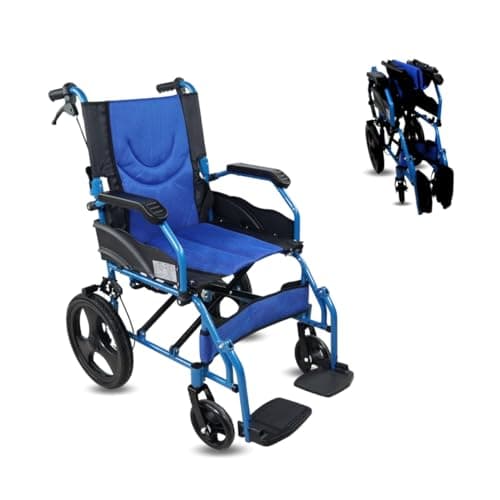 Mobiclinic, Modelo pirámide, Silla de ruedas ortopédica tránsito, Para minuválidos y ancianos, Plegable, Aluminio, Freno en manetas, Reposapiés, Reposabrazos, Ligera, Azul, Asiento 46 cm
