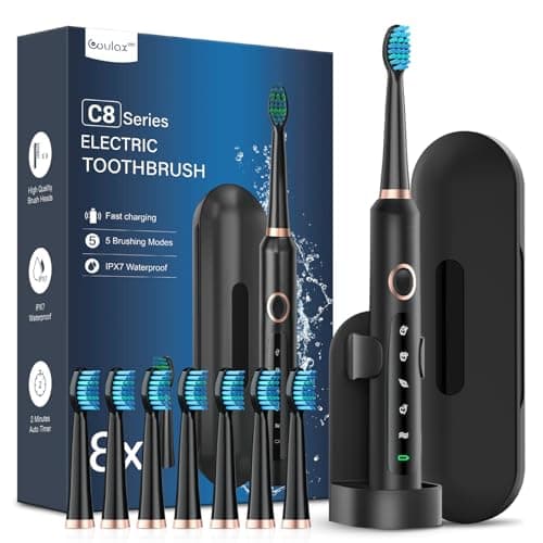 Cepillos de Dientes Electricos Sónico Adultos con 8 Cabezal - Cepillo Electrico con Estuche, 5 Modos y IPX7, Cepillos de Dientes Eléctricos Ultrasónicos para Mujer Hombres, Negro Oscuro
