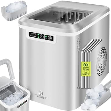 KESSER® Máquina de hacer hielo Cubitos de acero inoxidable 150W | Cubitera 12 kg 24 h | 2 tamaños cubitos | Preparación en 7 min | Tanque de agua 2,2L | Temporizador | Pantalla LCD Plata