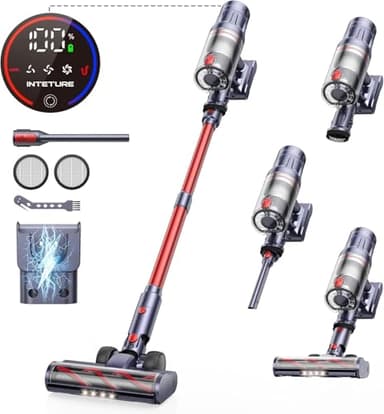 INTETURE Aspiradora sin Cable 45kPa/550w Escoba Estación de Carga en Pared Escoba Aspiradora sin Cable Pontente 60 Mins, Vertical Aspirador sin Cable con Pantalla Táctil Antienredo para Suelo/Alfombra