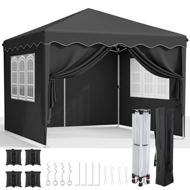 Gazebo 3x3,Cenador Plegable con Oxford 420D,Carpa de Jardín Plegable,Impermeable,Carpa para Fiestas,Carpa Plegable con 4 Paredes Laterales,Pabellón de Jardín Protección UV 50+,para Acampar (Negro)