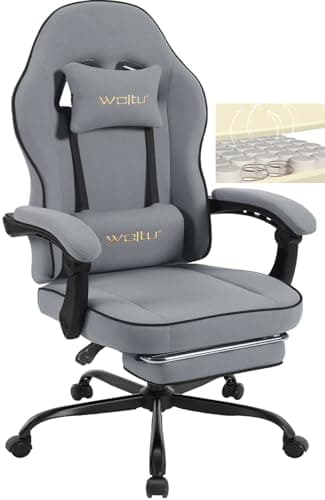 WOLTU Silla Gaming Ergonómica, Silla de Oficina con Reposabrazos y Soporte Lumbar, Silla Racing Giratoria con Asiento Amplio y Lleno de Muelle, Estructura Metal, Tela de Malla, Gris, GS11gr