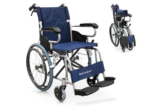QUIRUMED Silla de ruedas ligera plegable de aluminio, Asiento 44 cm, Reposapiés abatibles, Ruedas macizas, Frenos de mano y en manetas, Para mayores, Para minusválidos