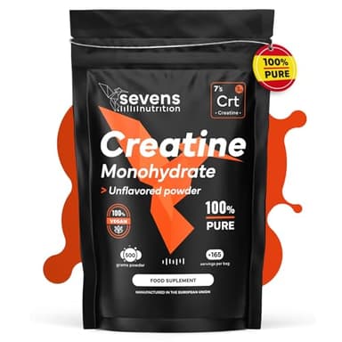Creatina Monohidratada en Polvo 500g Sin sabor - 100% Monohidrato de Creatina Micronizada – Alta Pureza Sin Aditivos – 100% Vegana y Sin Gluten y Libre de Contaminantes – Creatina en Polvo Sevens