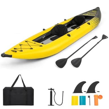 HOMASIS Kayak hinchable de 2 plazas de PVC, canoa hinchable con 2 remos ajustables, bolsa para el transporte, bomba de mano y kit de reparación, bote inflable de playa para adultos, 382 x 94 x 40 cm