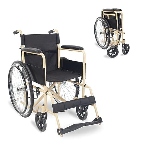 Mobiclinic®, Silla de ruedas plegable, Denver, Marca española, Asiento 46 cm, Freno manual, Respaldo desmontable, Reposapiés abatibles, Resistente, Para minusválido, Crema y negro