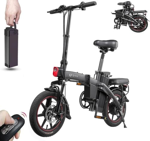 DYU A5 Bicicleta Eléctrica Plegable, 14" Bici Electricas Portátil, 48 V 7,5 AH Batería Extraíble, Bicicleta Eléctrica con Pantalla LCD, Control Remoto, Frenos de Disco Dobles, E Bike Adultos