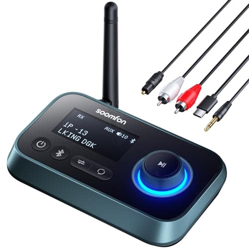 SOOMFON Transmisor Receptor Bluetooth 5.0-3 En 1 Adaptador Emisor Bluetooth Audio con Pantalla LCD para TV, Estéreo, Auriculares, Altavoces, Receptor Bluetooth Audio con Aux 3,5mm, RCA, Cable Óptico