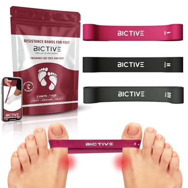 BICTIVE®︎ Bandas Elásticas para Corregir Juanetes y Alivio del Dolor con Ejercicios. Corrector de Juanetes, Separador Dedos Pies, Dedos Separados, Hallux Valgus Corrector, 3 Niveles de Resistencia.