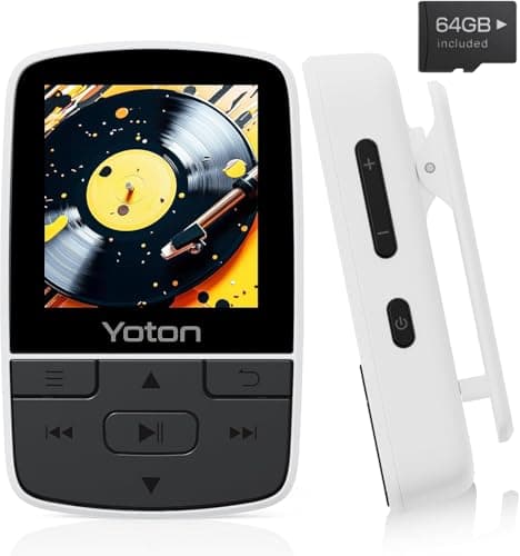 YOTON Reproductor MP3 Bluetooth de 64 GB, Reproductor de Música Deportivo Portátil con Clip, Sonido HiFi sin Pérdidas, Radio FM, Cronómetro, Grabadora, Podómetro, etc., Viene con Auriculares, Blanco