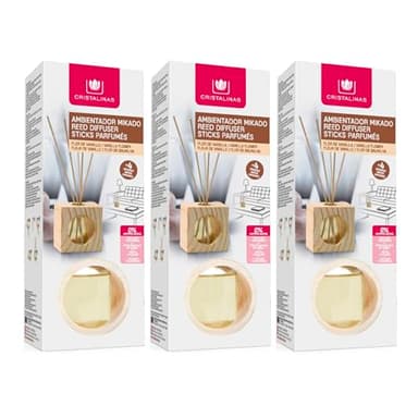 CRISTALINAS | Pack 3 Ambientador Hogar Mikado Cubo de Madera | Aroma Vainilla | 100% Puro | Larga Duración 4 Semanas | 3x30ml | 0% Alcohol