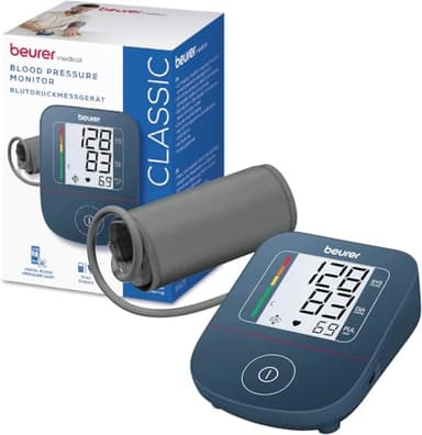 Beurer BM 25 Tensiómetro de brazo, manejo sencillo con un botón, medición precisa gracias al control de posición del brazalete, detección de arritmias, con conexión USB-C, 22-42 cm, azul oscuro