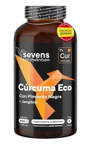 Cúrcuma con Jengibre y Pimienta Negra - 1410 mg por Dosis - 365 Cápsulas Formato Ahorro XL - Cúrcuma ECO en Cápsulas Veganas - Antiinflamatorio Natural - Apoyo Óseo y Articular - Sevens