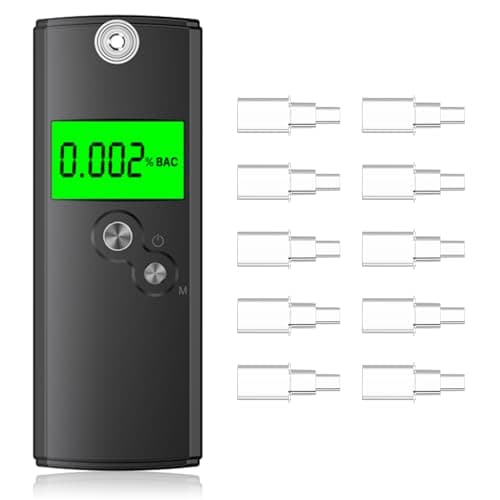 Akdomart Alcoholimetro Homologado, Alcolimetro de Alta Precisión con 10 Boquillas, Test Alcoholemia Profesional con Pantalla LCD Digital, Etilometro Portátil para Uso Doméstico y en Fiestas
