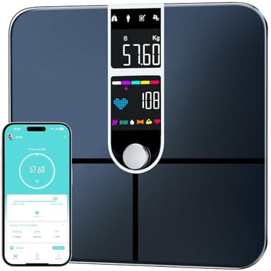 Bascula de Baño,Bascula Grasa Corporal y Muscular,Bluetooth Balanza Peso Corporal con 22 Monitores de Composición,Pantalla Grande Bascula Inteligente para Frecuencia Cardíaca,IMC Muscular,Máximo 180kg