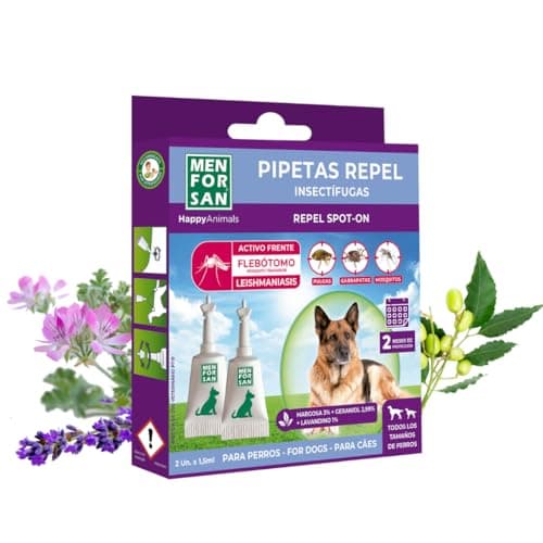 MENFORSAN Pipetas Anti-Insectos para Perros con Margosa, Geraniol y Lavandino, contra Pulgas, Garrapatas y Mosquitos (incluido Flebótomo), Estuche con 2 unidades, 1,5 ml