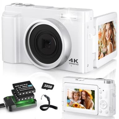Cámara Digital 4K, Cámara de Fotos con Enfoque Automático de 48MP 16X Zoom, LCD Vlog Compacta Fotográfica HD con Estación de Carga, Baterías 2 * 800 mAh, Tarjeta de 32GB para Principiantes, Niños