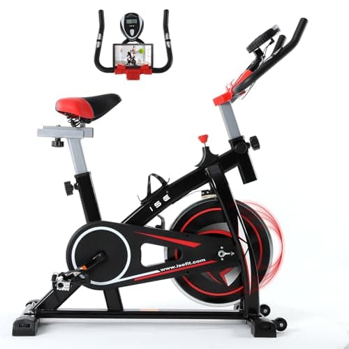 ISE Bicicleta Estática Indoor, Volante de Inercia 9KG, Bici Estatica Ajustable Resistencia, Bicicleta Profesional con Pantalla,Soporte, Sillín y Asa Ajustablesa, Max.120KG