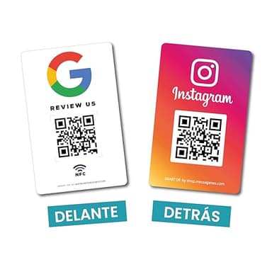 MESSAGENES | Tarjeta PVC Reseñas Google QR y NFC | Doble Placa Código QR Reseñas Google + Instagram | 1 Unidad 8,6 x 5,5 cm | Tarjeta Negocio QR y NFC | Gana Seguidores en Instagram | Consigue Reseñas