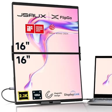 JSAUX FlipGo 16" Pro Monitor Portátil 2.5K Dual Screen, Extensor Pantalla Portátil Triple para Ordenador, un Cable para Dos Pantallas IPS, HUB Integrado, diseño magnético, Compatible con Windows/Mac