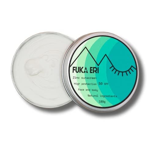 FUKA ERI Protector solar con zinc no-nano. Ingredientes minerales y naturales. Crema solar 50 SPF. Waterproof/Vegana. Cara y cuerpo. Sin plástico. Fácil de extender. 100g