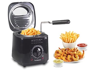 BEPER P101FRI100 Freidora eléctrica 1L, 850-950W, Cesta de acero extraíble, Tapa con ojo de buey, Filtro lavable extraíble, Temperatura regulable, Pies antideslizantes, Negro