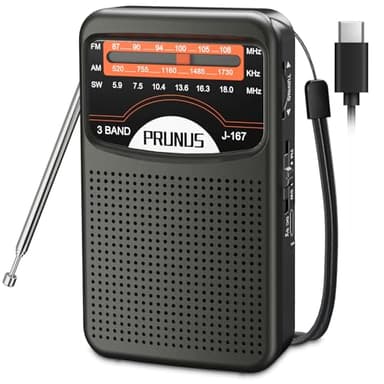 PRUNUS J-167 Am/SW/FM Radio Portatil Pequeña Recargable, Transistor Radio de Bolsillo con Excelente Recepción, Carga USB-C, con Toma de Auriculares, para Correr, Caminar, Viajar.