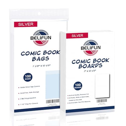 100 bolsas y tableros de cómics de la edad plateada – Tableros y bolsas reutilizables para almacenamiento de cómics, bolsas de cómic con solapa de 1 1/2 pulgadas y tableros de respaldo, protector